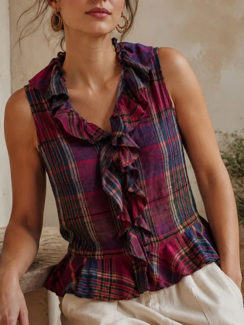 MAKE AN OFFER- LAUREN RALPH LAUREN  Plaid Sleeveless Linen Ruffle Blouse Tank